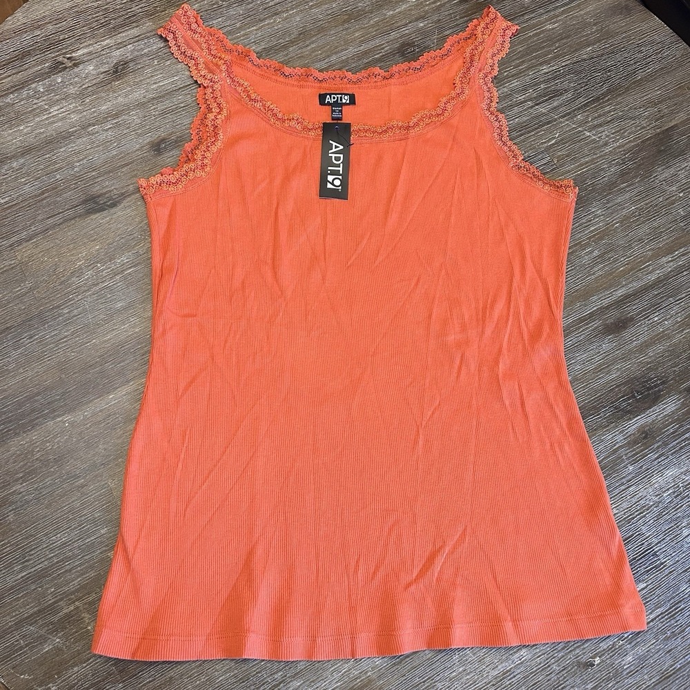 APT 9 Ribbed Cami Tank Top Orange Stretch Y2K Lace Trim Preppy Dainty Layers 1X